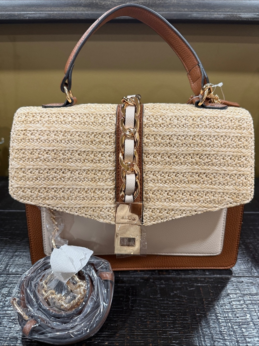 ALDO Tan, Cream & Straw Woven Top-Handle Satchel with Cardholder - Picture 7 of 8